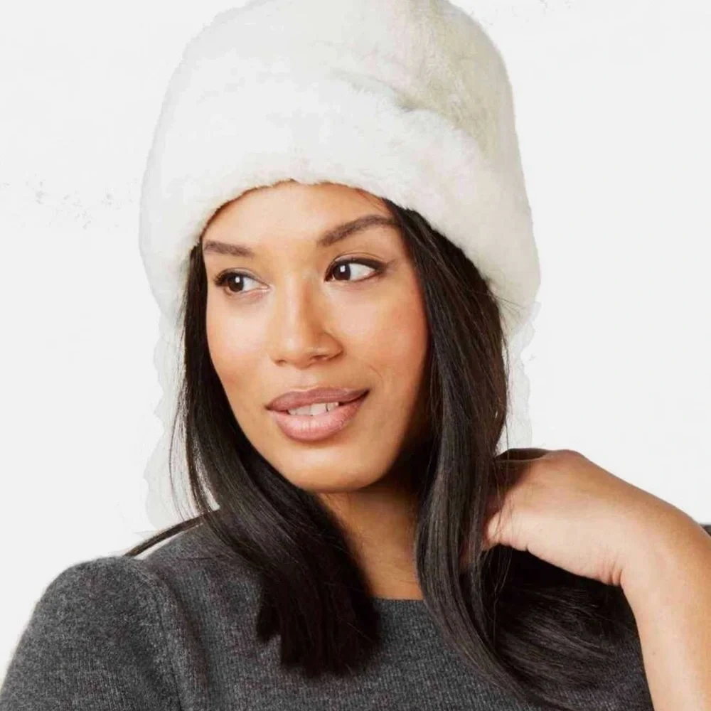 Nine West Faux Fur Ivory Clochet Bucket Hat Lined Winter Hat OS